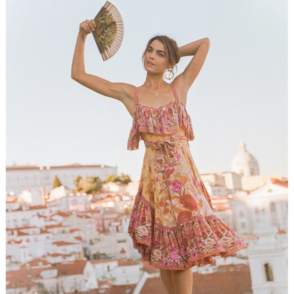 Spell & The Gypsy Siren Floral Ruffle Marigold Pink Slip Dress Size XS Flowers